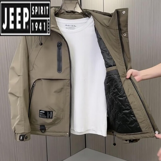 吉普（JEEP）男士外套秋冬季新款棉衣流行时尚潮牌宽松连帽工装夹棉夹克冲锋衣 黑色 3XL