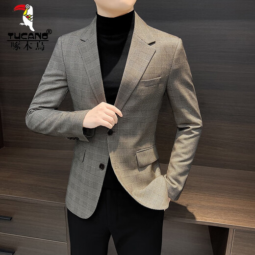 Woodpecker (TUCANO) Casual Small Suit Jacket Men's Spring and Autumn 2025 New Tops Handsome Houndstooth Suit Men's Khaki XL Recommended 140Jin Jin is equal to within 0.5 kg