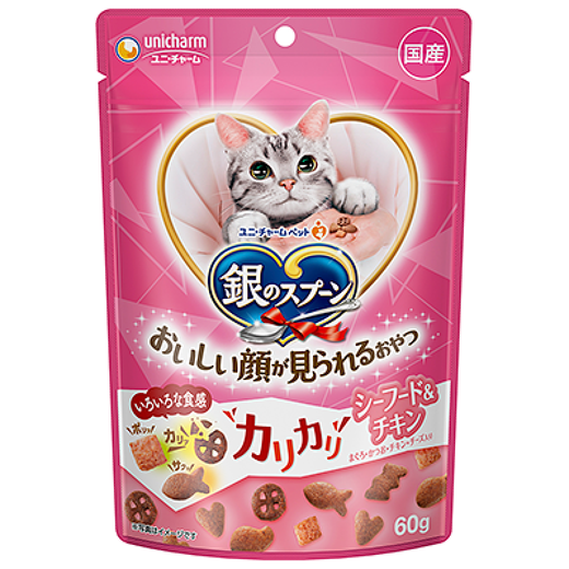 Aier Japan imported silver spoon cat snacks and biscuits series for young cats, hair cleaning, teeth cleaning, crunchy snacks, chicken cheese tuna 60g 0g New date (new and old packaging are shipped alternately)