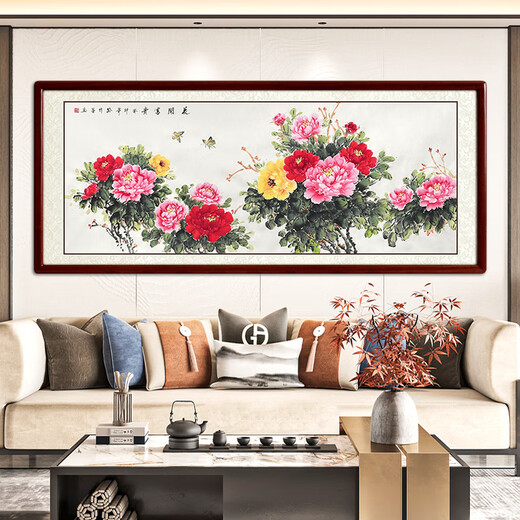 Shangdetang hand-painted Chinese painting peony blooming rich living room background wall decoration painting new Chinese style hanging painting ink painting Sapele solid wood frame-right angle walnut color mounting 125*65cm