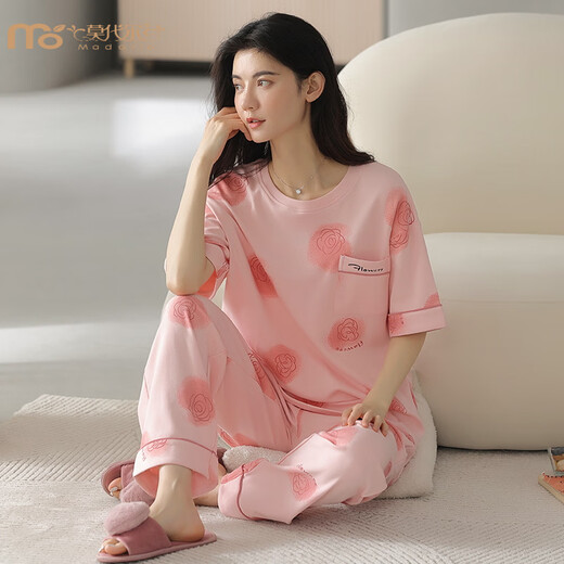 莫代尔睡衣女夏季棉短袖长裤薄款棉夏天女士家居服套装春秋季 YZT9715 短袖长裤 M 80-100斤