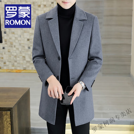 罗蒙（ROMON）双面呢大衣男商务中长款冬季羊毛呢子高端英伦休闲青年风衣外套男 黑色 加绒 M (170)