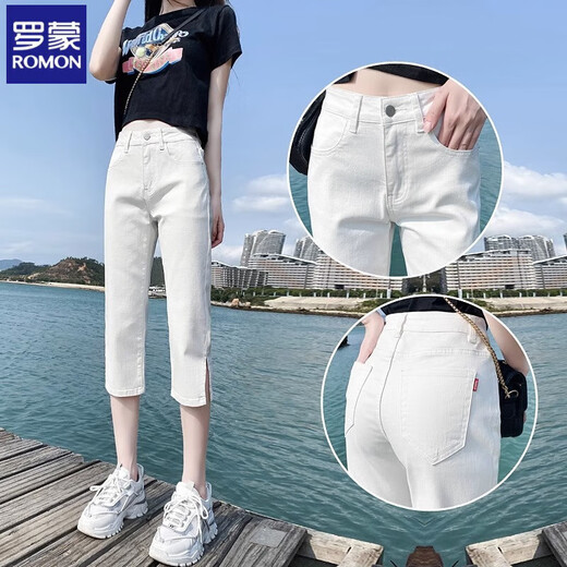 
Romon Cropped Jeans for Women in Summer 2025 New High Waist Slim Small Fat mm Slit Large Size Straight Mid-Level Pants 6199 White XL Recommended 115-130Jin [Jin equals 0.5 kg]