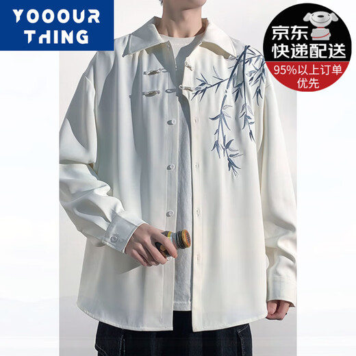 YOOOURTHING New Chinese style bamboo embroidered long-sleeved shirt for men in spring and autumn trendy brand loose casual large size shirt jacket white XL (recommended 115-140Jin [Jin equals 0.5 kg])