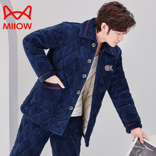 Пижама MiiOW для мужчин осенью и зимой, трехслойная утолщенная плюс бархатный коралловый бархатный стеганый фланелевой комплект теплой домашней одежды, зимний стиль C9902 синий мужской молочный бархат L 3 слоя x (125 Jin Jin равно 0,5 кг) три слоя толщиной