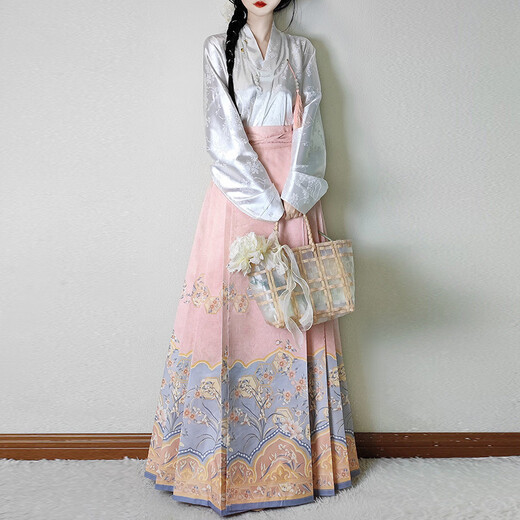 
Fei Liyue [3894 people collect] Han Qingci original flower-wrapped new Chinese style horse-face skirt cross-neck airplane sleeve daily Ming-made Chinese single pink horse-face skirt XL