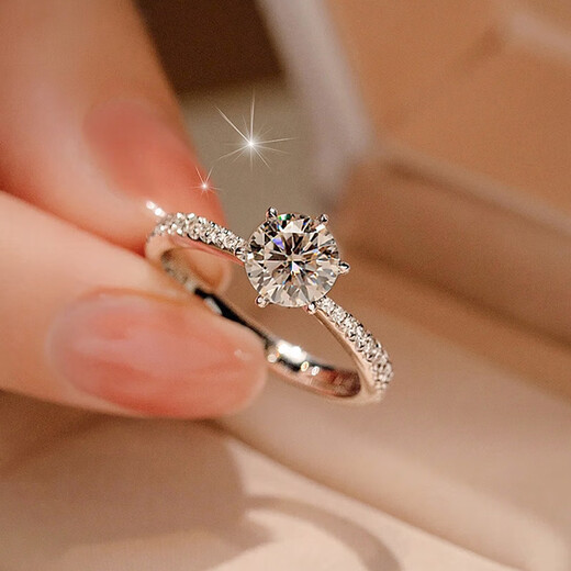 Pt950 platinum six-prong row of diamonds 1 carat moissanite white gold diamond ring female proposal wedding ring gift for girlfriend light luxury model micro-set six prongs main diamond 50 points closed size 12