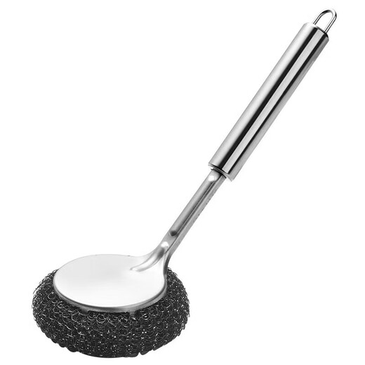 Stainless steel pot brush long handle pot washing brush household cleaning brush large steel wire ball with handle decontamination pot brush artifact stainless steel pot brush 1 pack + 1 spare brush head
