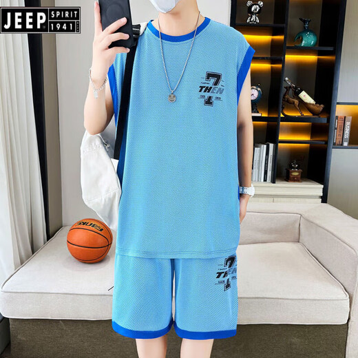 JEEP SPIRIT夏季男学生无袖冰丝网眼运动套装背心透气速干初高中篮球服男生男 6636浅蓝色 3XL[160-185斤]