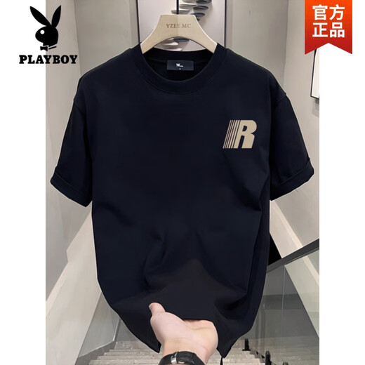 Playboy (PLAYBOY) 2025 summer new short-sleeved T-shirt men's trendy men's clothes loose casual printed T-shirt half-sleeved black V753 black high quality 2XL