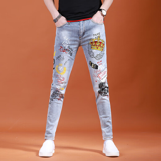 
Yunhan Ye Fashion Brand High-end Spring and Summer Thin Printed Ripped Trendy Light Colored Dart Jeans Men's Trendy Fashion Slim and Every Match Light Blue 3890 Crown Ripped Pants 28 [Suggested 90-105Jin [Jin equals 0.5 kg]]