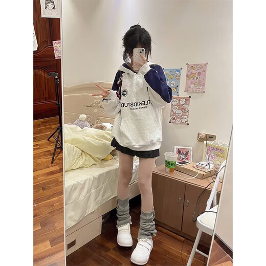 Cotton American heavy plug-in hooded color-blocked sweatshirt for women in autumn and winter new loose Korean style top hoodie plus velvet white gray 3240 plus velvet high quality 30 M 80-105Jin Jin is equal to 0.5 kg