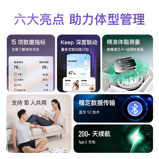 Keep智能体脂秤 家用电子秤高精准体重秤 塑形减脂 体重管理 减肥计划推荐 蓝牙连接SE月光白(充电款)