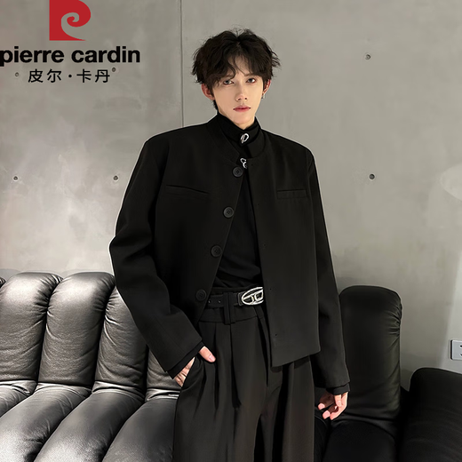 Pierre Cardin Spring and Autumn New Chinese Style Chinese Tunic Jacket Men's Style Handsome Stand-up Collar Short Shoulder Pad Suit Black Jacket XL