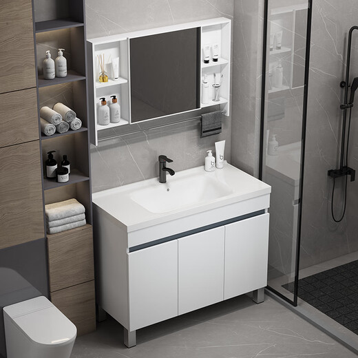 DAFIFY floor-standing bathroom cabinet ceramic integrated basin honeycomb aluminum wash basin cabinet combination bathroom wash basin balcony wash basin F838 white door 90cm