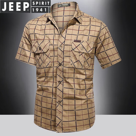 吉普（JEEP）轻奢2023夏季新款短袖格子衬衫男士薄款休闲纯棉衬衣 5009军绿 M 170