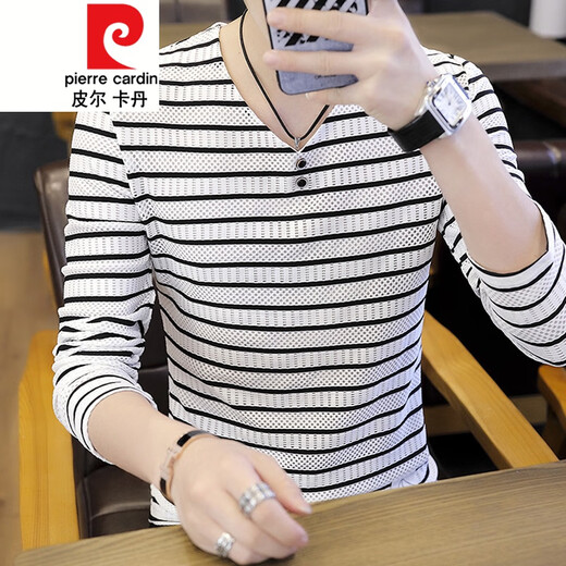 皮尔卡丹（pierre cardin）男士V领长袖T恤2025春秋新款撞色条纹针织潮流休闲 6188黑色 M