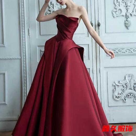 Mei Anjia burgundy bridal toast dress new ladylike temperament tube top wedding dress slim home engagement evening dress for women burgundy L 170