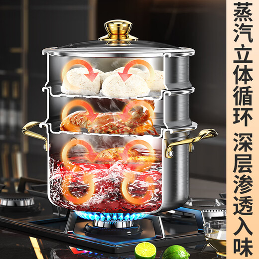 何佳功日本进口品质汤锅304不锈钢家用小蒸锅电磁炉燃气两用加厚双层两 11304食品级一体成型直  26cm