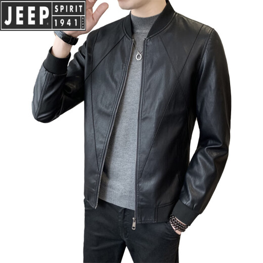 JEEP SPIRIT trend spring and autumn new leather jacket for men casual short stand collar baseball uniform handsome motorcycle leather jacket jacket black P719 XL