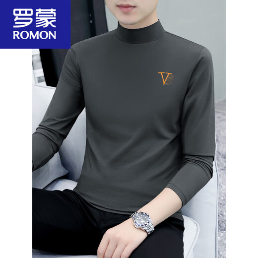 罗蒙（ROMON）纯棉半高领打底衫男士长袖T恤纯色中领春秋男装内衣t恤外穿秋衣 LH-YPC6187炭灰色 L 【建议115-130斤】