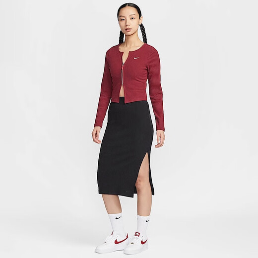 耐克（NIKE）女装2024冬季新款CNY短款修身鱼骨运动开衫HV8459 酒红|HV8459-677 L