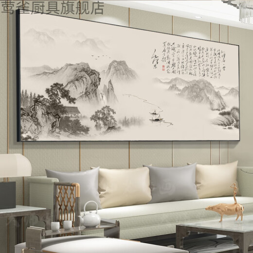 茶室挂画中式书法字画办公室风景山水墨画客厅茶桌背景墙装饰壁画 CT-3887【背有靠山】 长210*90cm 【油画布】黑色铝合金外框