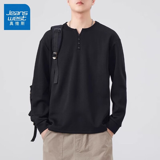 Jeanswest American Retro Henley Collar Long Sleeve T-Shirt Men's 2025 Spring Loose Casual Bottoming Shirt Men's Navy 3XL