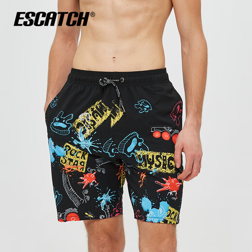 ESCATCH summer men's shorts five-point beach pants men's trendy brand quick-drying can be entered into the water loose seaside resort hot spring swimming trunks ES7 gray leaves (triangular lining) M