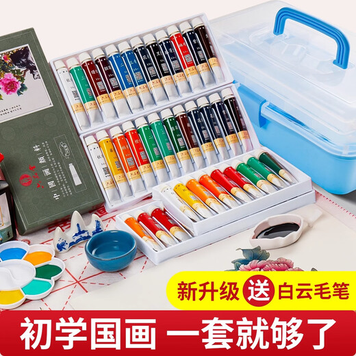 Liupin Academy Chinese Painting Pigments Beginner Set 12-Color Chinese Painting Supplies and Tools Complete Set of Ink Painting Beginner's Advanced Meticulous Painting Materials Primary School Children's Brush Pens and Chinese Painting Complete Set