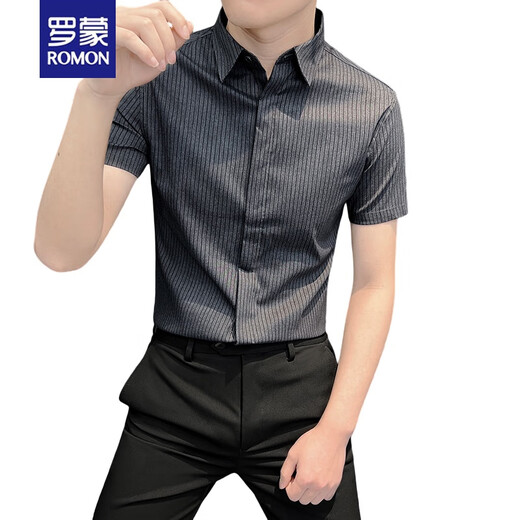 罗蒙（ROMON）短袖衬衫男条纹商务痞帅衬衣夏季修身韩版潮流休闲免烫抗皱衬衣男 白色短 袖 228 XL 120130斤