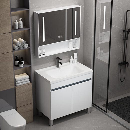 DAFIFY floor-standing bathroom cabinet ceramic integrated basin honeycomb aluminum wash basin cabinet combination bathroom wash basin balcony wash basin F838 white door 90cm