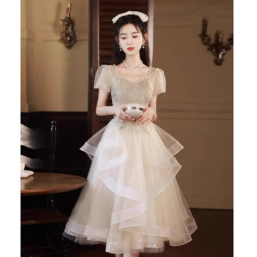 
CamalgOri 18-year-old adult gift dress for women small evening dress light luxury niche high-end art exam fairy birthday adult gift champagne medium-length M average size