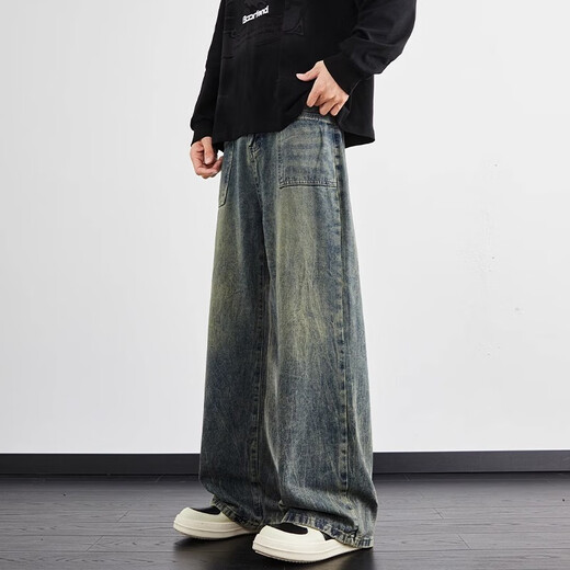 Yiran jeans men's straight-leg autumn and winter new American high street retro loose casual wide-leg lightning pattern trendy pants for men blue XL recommended 120-140Jin Jin equals 0.5 kg