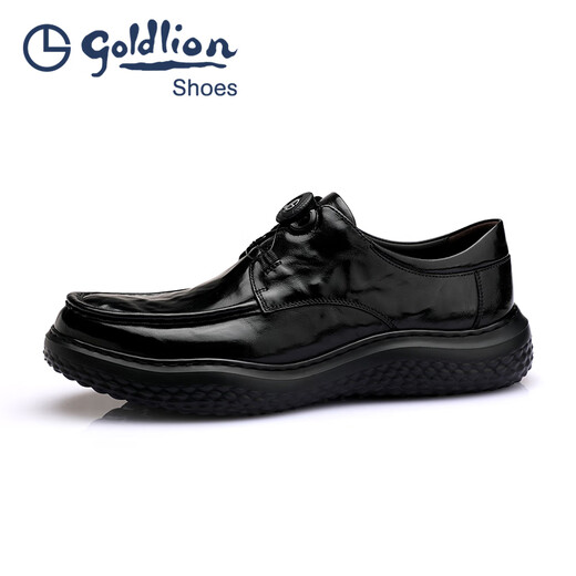 Goldlion Men's Shoes 2025 Spring New Men's Formal Leather Shoes Round Toe Knob Buckle Hand Scratch Pattern Thick Sole Business Casual Shoes Black 42