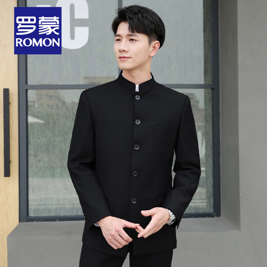 ROMON Chinese tunic suit suit men's youth slim fit Chinese stand collar suit Chinese wedding dress Chinese style Tang suit Chinese stand collar black top + pants L 175 weight 125-135 Jin Jin equals 0.5 kg