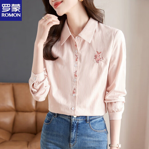 ROMON cotton striped embroidered shirt women's single-breasted shirt 2026 autumn new loose and versatile top pink L (recommended 100-110Jin Jin equals 0.5 kg)