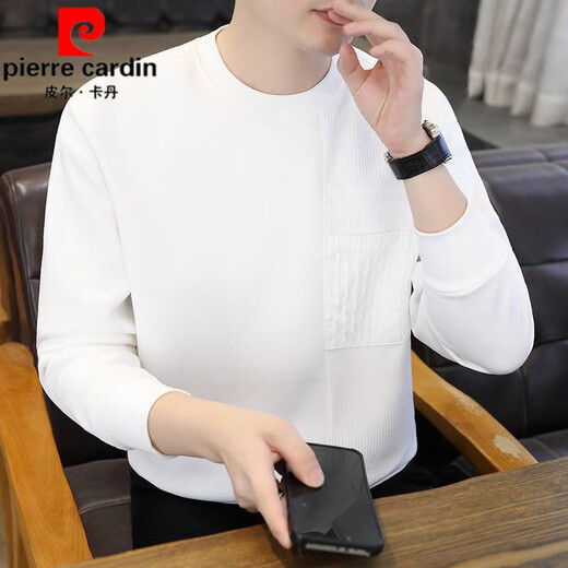 皮尔卡丹（pierre cardin）2025新款卫衣男春季时尚拼接口袋圆领打底衫纯色休闲内搭长袖t恤 6227白色 L 建议120-135斤