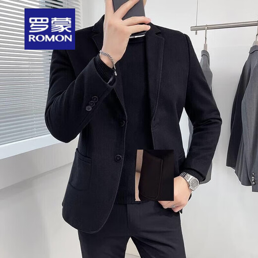 罗蒙（ROMON）2025秋冬毛呢西装男外套短款韩版修身休闲西服领毛呢大衣男 X829双排扣西装 黑色 2XL 【高质感 百搭】