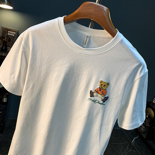 Qianji (QIANJI) 2025 new summer short-sleeved T-shirt for men's trendy brand loose internet celebrity bear same printed casual half-sleeved T-shirt for men white [JSW9922] M suitable for 90-108Jin [Jin equals 0.5 kg] wear