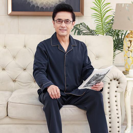 莫代尔（Madallo）中老年男士睡衣男春夏款纯棉长袖2025新款爸爸大码秋季套装家居服 zy3520黑色 主图款 L
