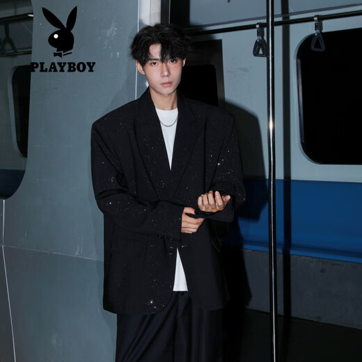 Playboy (Playboy) Anzug Jacke Herren sternbedeckte schulter gepolsterte Look gutaussehende Style Anzug Haarstylistin trägt Verlobungsjacke schwarz l
