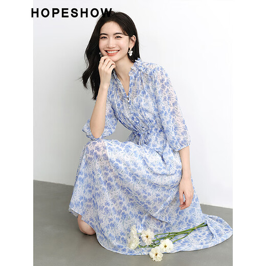 
Red sleeves Outlet summer new women's printed waist-hugging V-neck pullover chiffon dress with white background blue flower 674 L