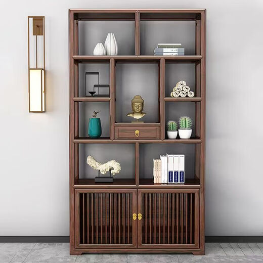 Pindao new Chinese style Bogu rack solid wood ornaments shelf tea cabinet partition screen tea room tea rack display rack wine cabinet bookshelf walnut color single center draw 96*30*196cm