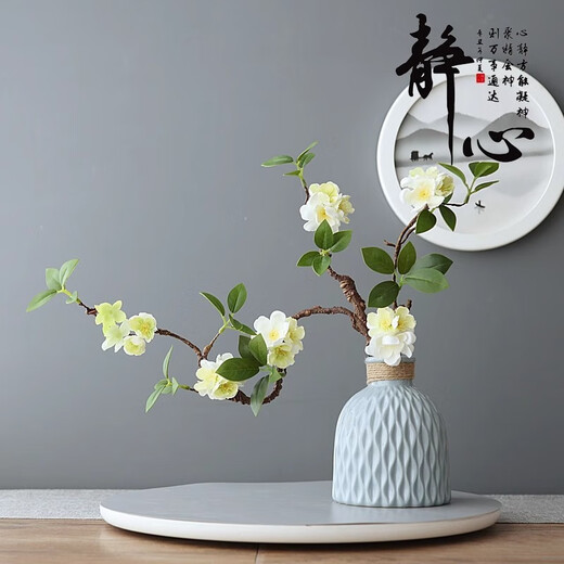 MPPMCK Zen Chinese style simulation flower living room decoration flower arrangement entrance hall fake plum blossom peach blossom floor ornaments linen rope white vase + pink plum blossom