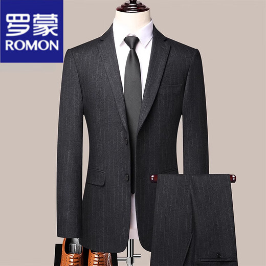 罗蒙（ROMON）条纹西装男士套装正装职业结婚新郎礼服修身商务休闲伴郎西服外套 黑灰8983 【单件上衣】 170【建议95-115斤】 M