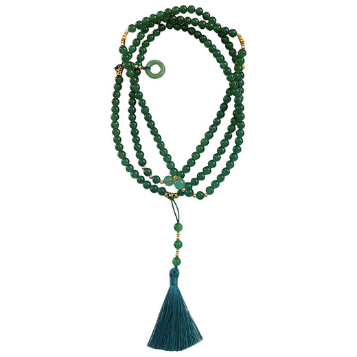 CLCEY new Chinese style necklace green beaded tassel sweater chain high-end long crossbody chain literary retro accessories round button long tassel necklace can be crossbody (Ma 1391