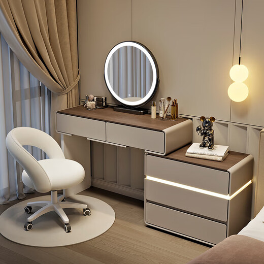 Xunhuai Dressing Table Solid Wood Italian Minimalist One-Drawer Cabinet Feel Bedroom Simple Modern 2025 New Storage Dressing Table White Slate Board 80cm+Three Drawer Cabinets+Round Mirror+Qianxun Chair Promotion