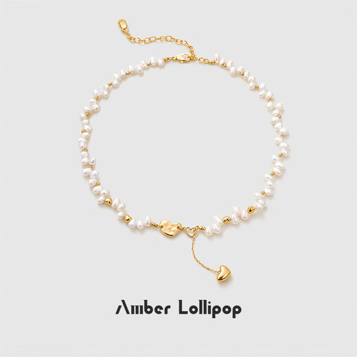 Amber Lollipop Pearl Necklace Female Niche Design Love Pendant Necklace Anniversary Birthday Gift for Girlfriend and Wife Gold (Luck Series)
