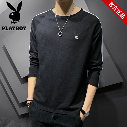 Playboy (Playboy) Marke Pure Cotton Cotton Long-Ärmeln T-Shirt Herren Frühling und Sommer Lose Sticked Base Shirt Top Herrenmarke Runde Hals-Sweatshirt DS692 Apricot Color XL (ca. 125-140 Jin [Jin gleich 0,5 kg] kann getragen werden)